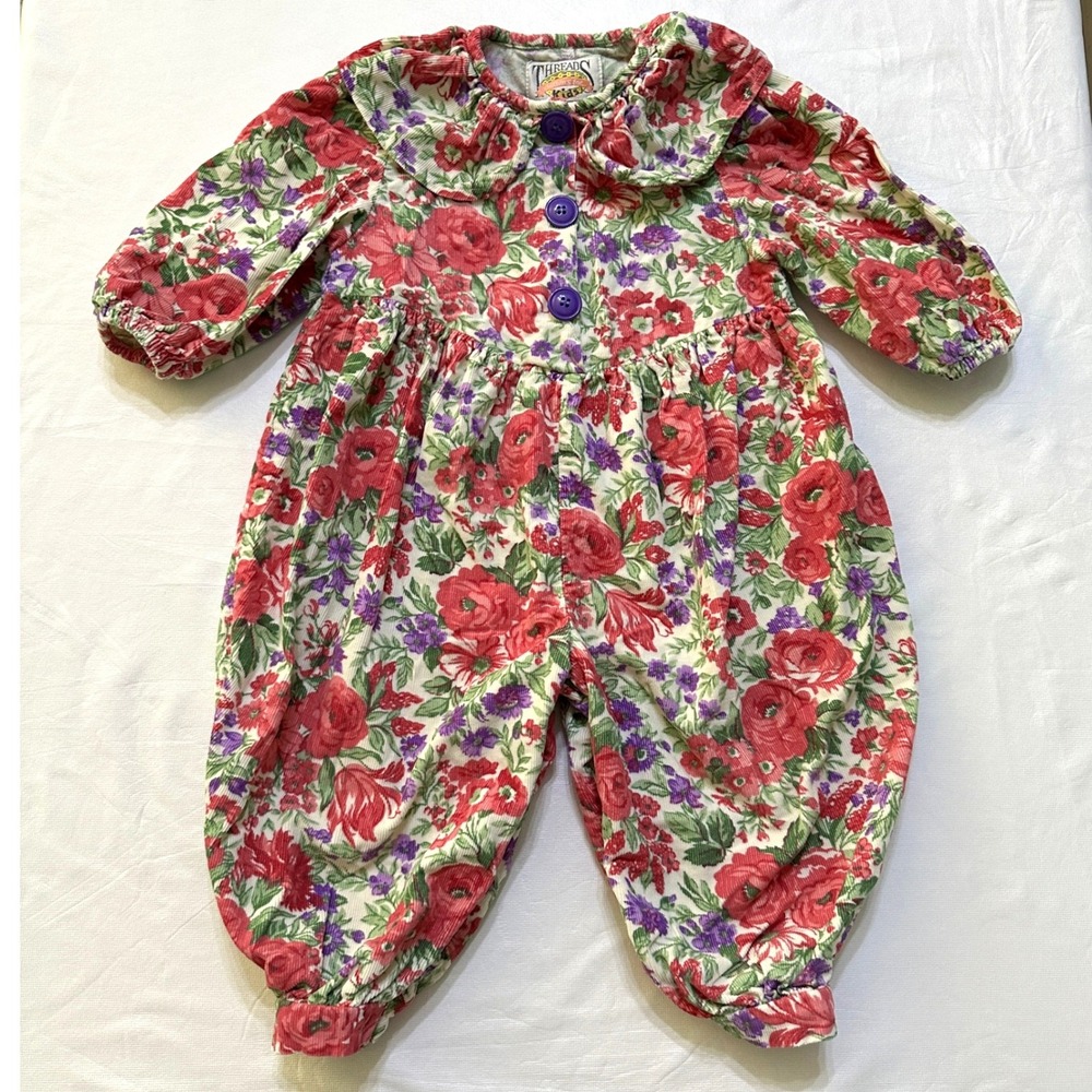 Threads Kids Girls 2T Floral Corduroy Romper Jumpsuit 100% Cotton Vintage Retro